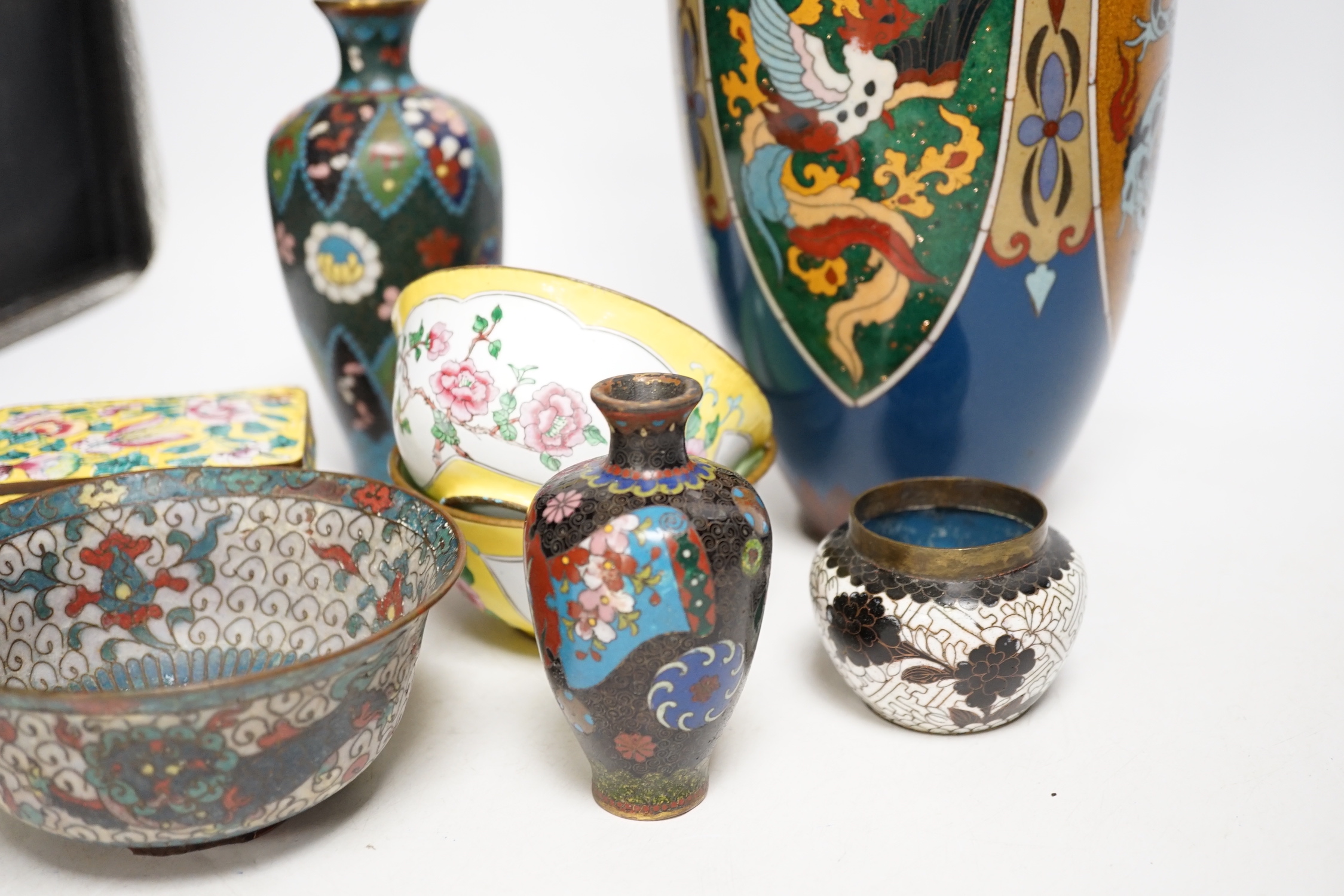 Four Japanese cloisonné enamel vases and a similar bowl and two Canton enamel bowls and similar box and cover, tallest 30cm high